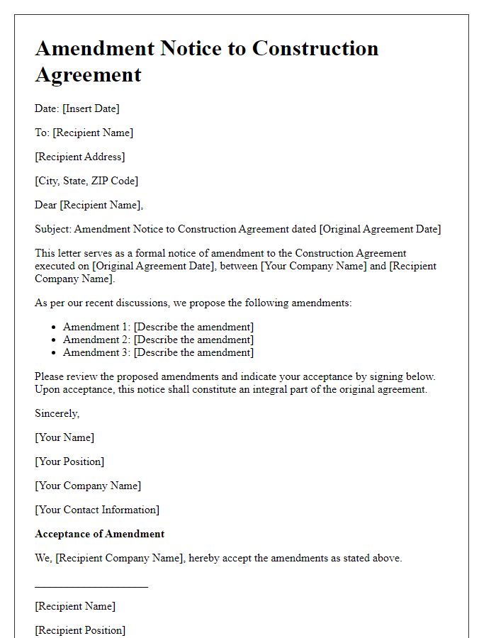 Letter template of amendment notice for construction agreement