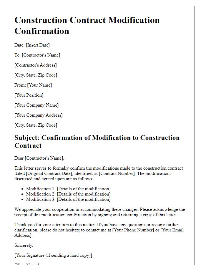 Letter template of construction contract modification confirmation