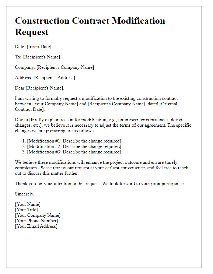 Letter template of construction contract modification request