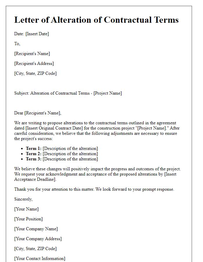 Letter template of contractual terms alteration for construction