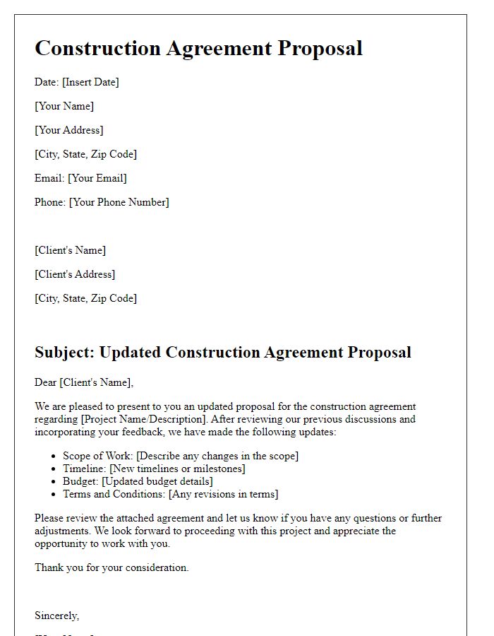 Letter template of updated construction agreement proposal