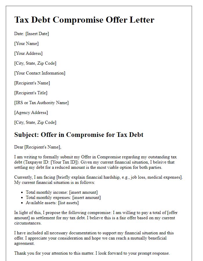 Letter template of tax debt compromise offer