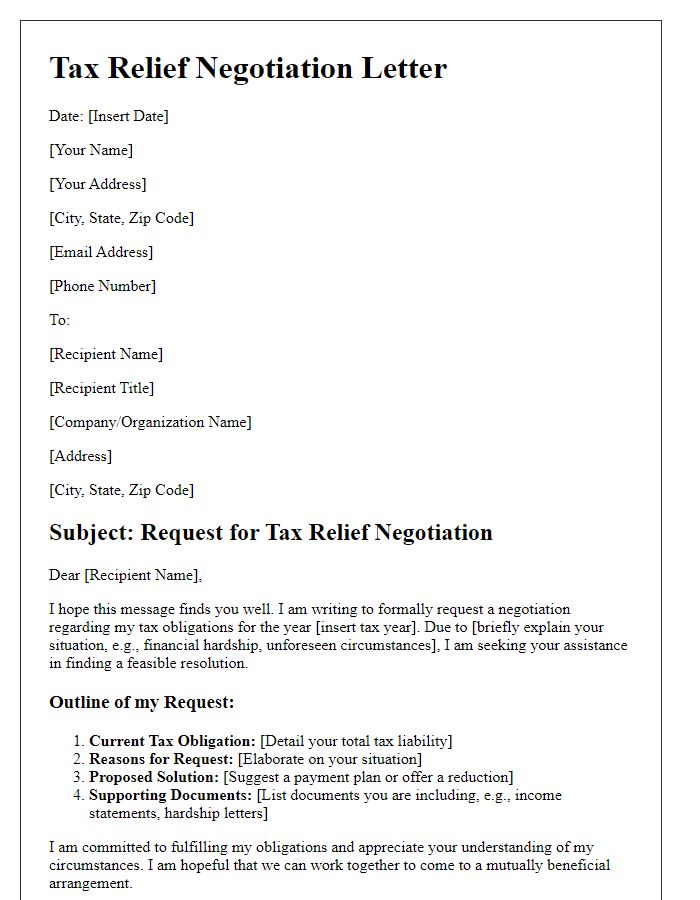 Letter template of tax relief negotiation outline