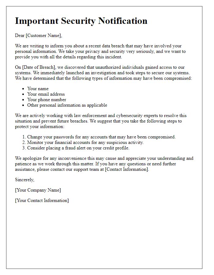 Letter template of data breach notification for affected customers.