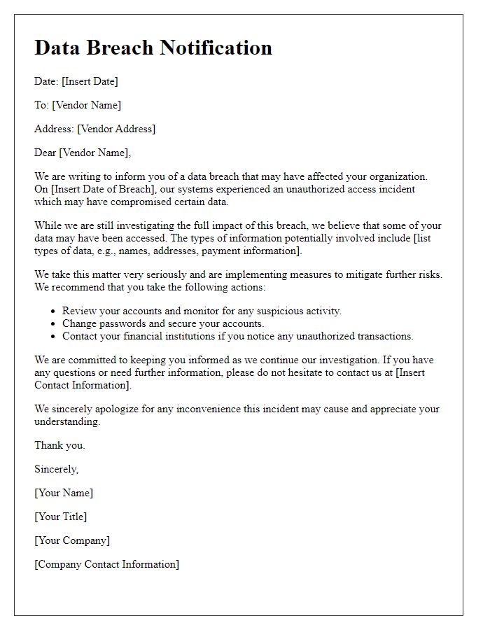 Letter template of data breach notification for affected vendors.