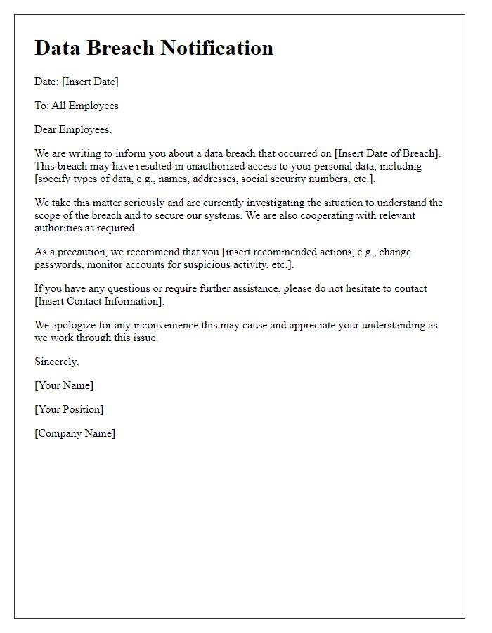 Letter template of data breach notification for employees.