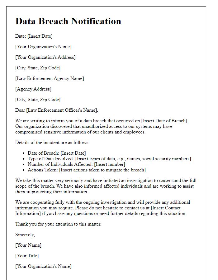 Letter template of data breach notification to law enforcement.