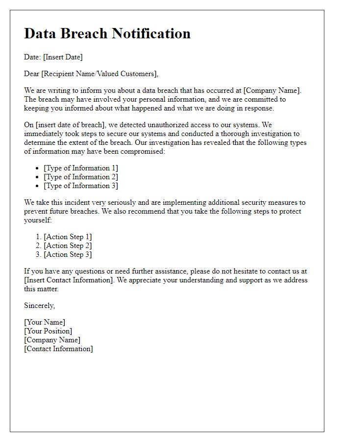 Letter template of data breach notification for public announcement.