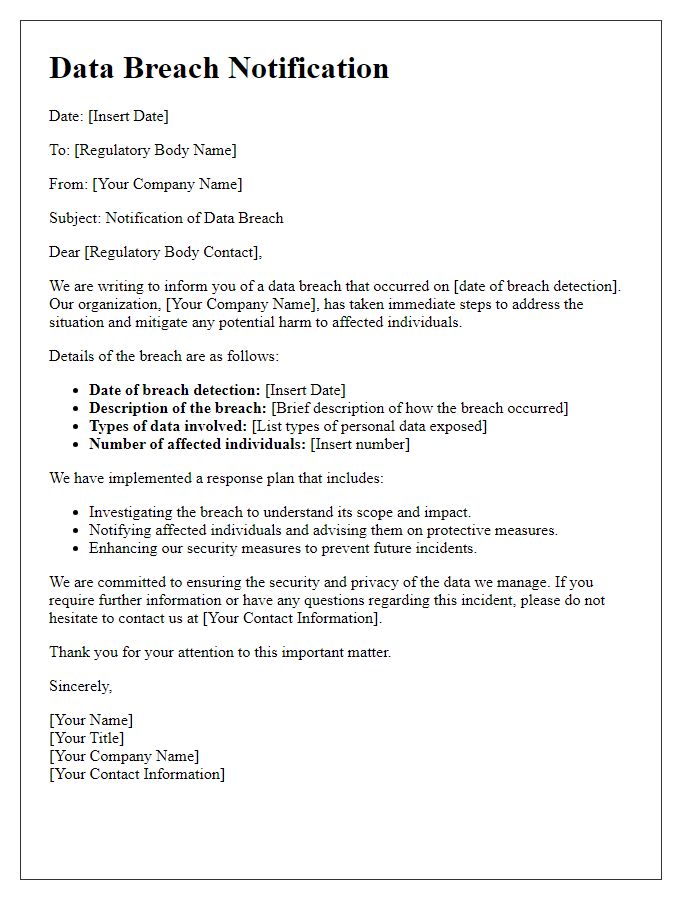 Letter template of data breach notification for regulatory bodies.