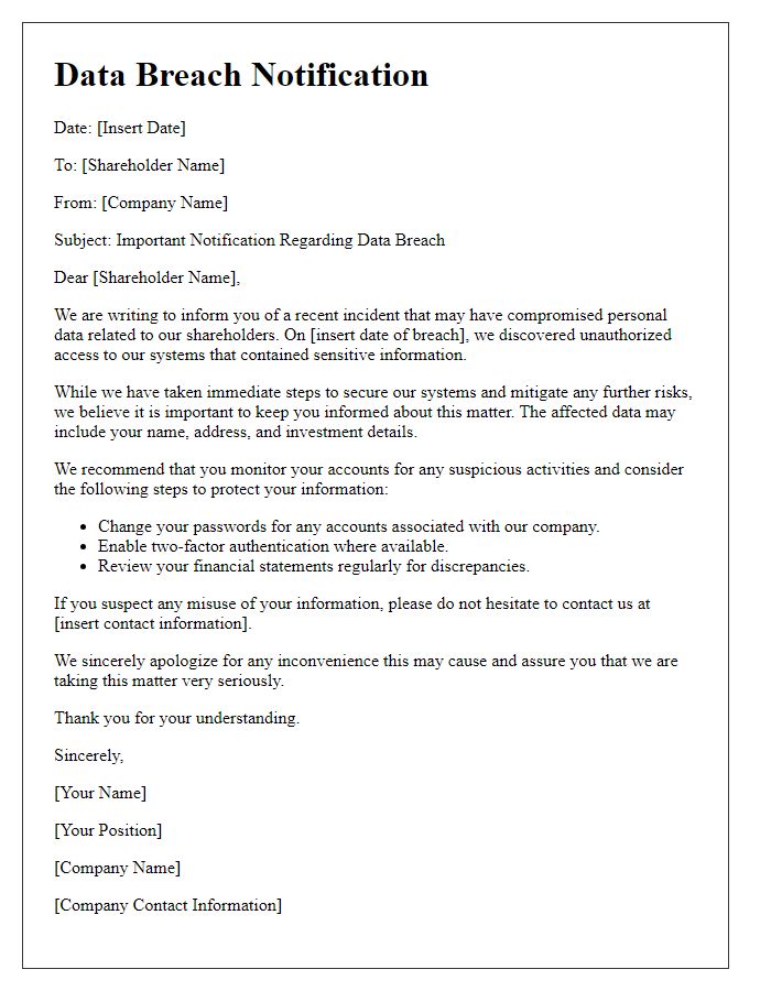 Letter template of data breach notification for shareholders.