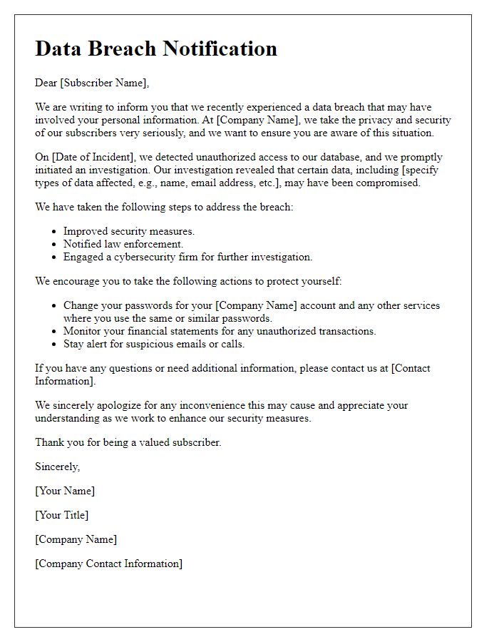 Letter template of data breach notification for subscribers.