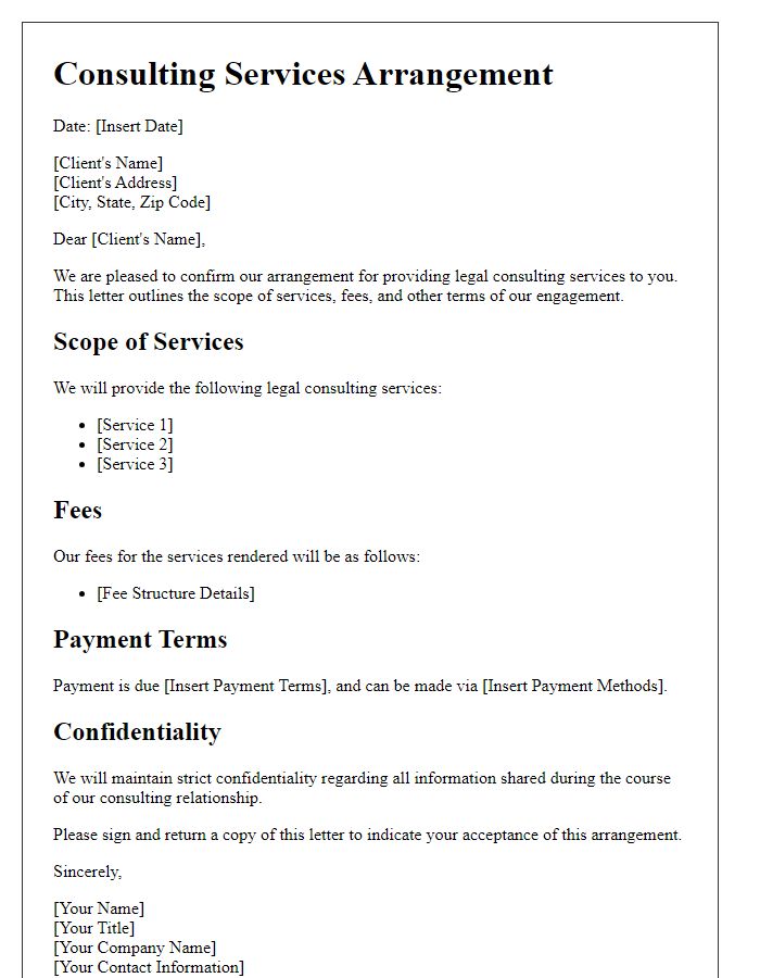 Letter template of consulting services arrangement for legal services