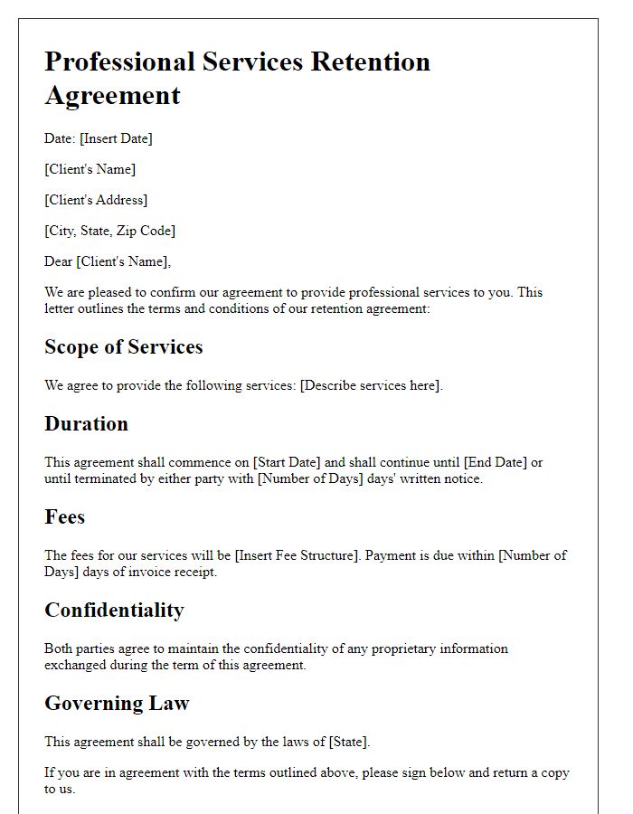 Letter template of professional services retention agreement