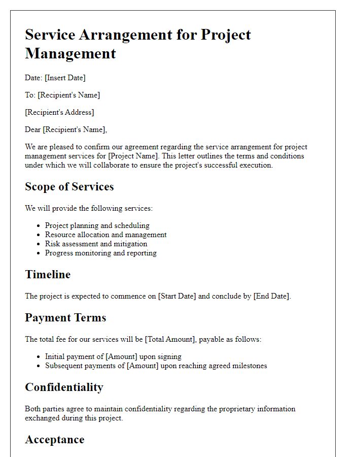 Letter template of service arrangement for project management