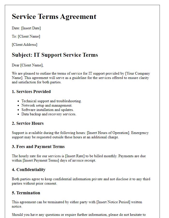 Letter template of service terms for IT support