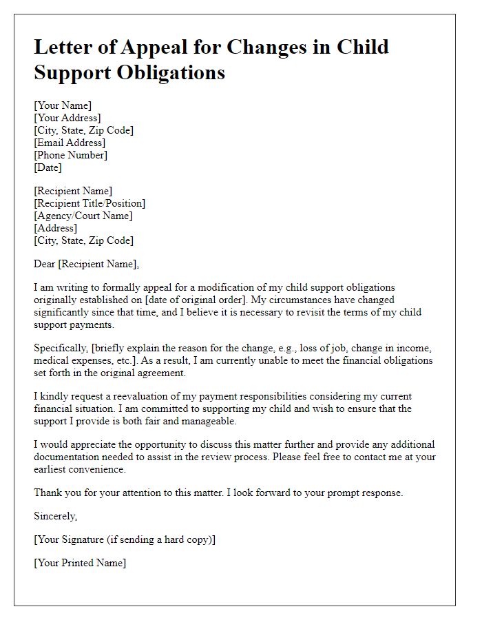 Letter template of appeal for changes in child support obligations