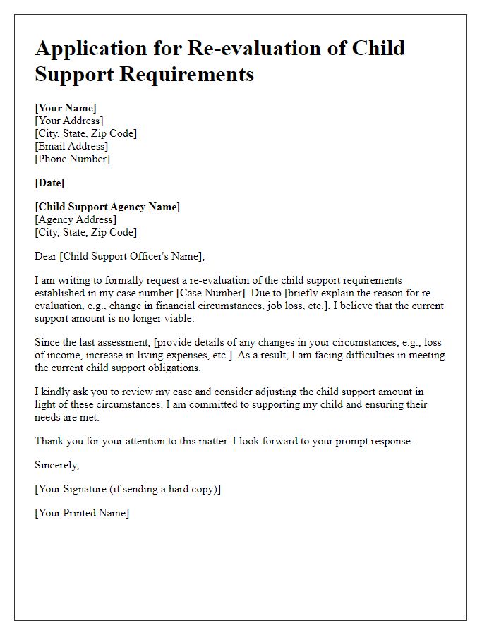 Letter template of application for re-evaluation of child support requirements