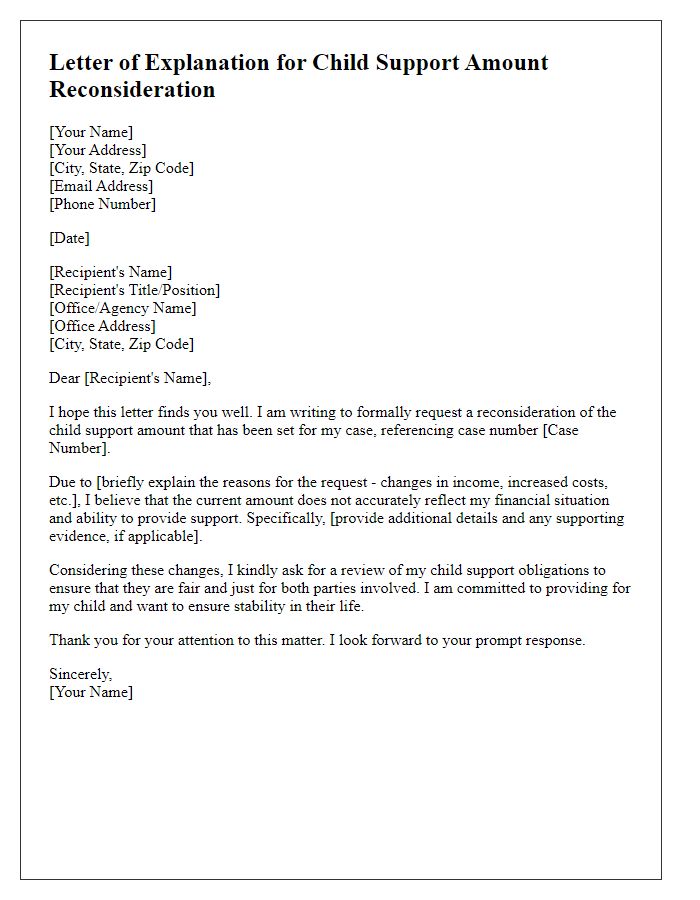 Letter template of explanation for child support amount reconsideration