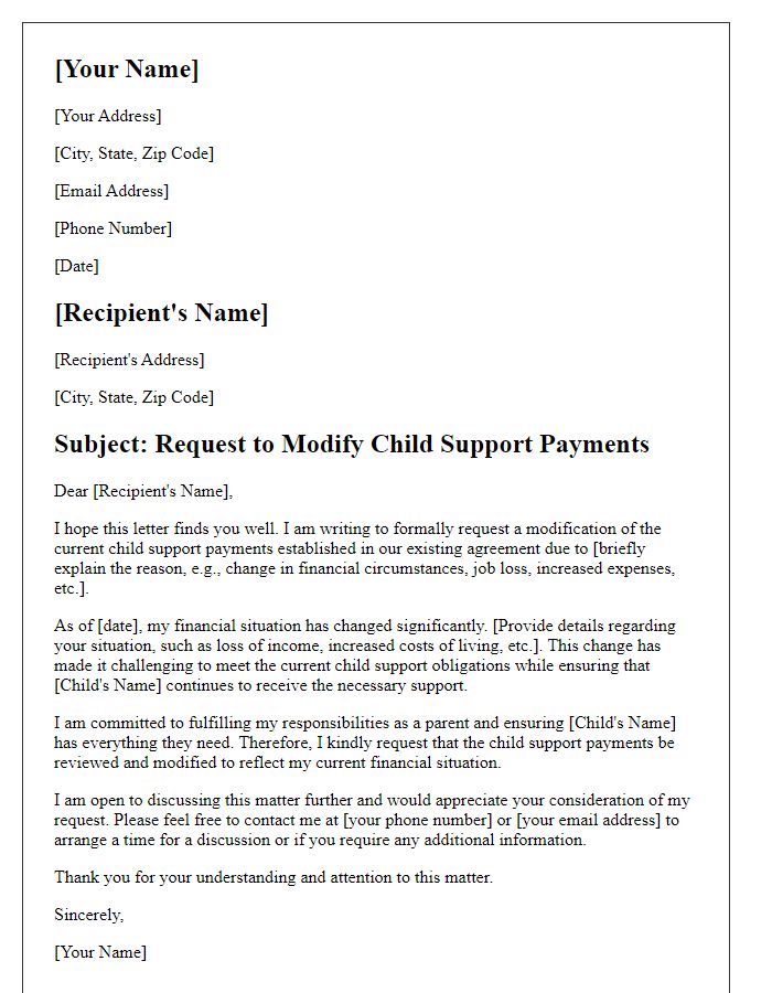 Letter template of formal request to modify child support payments