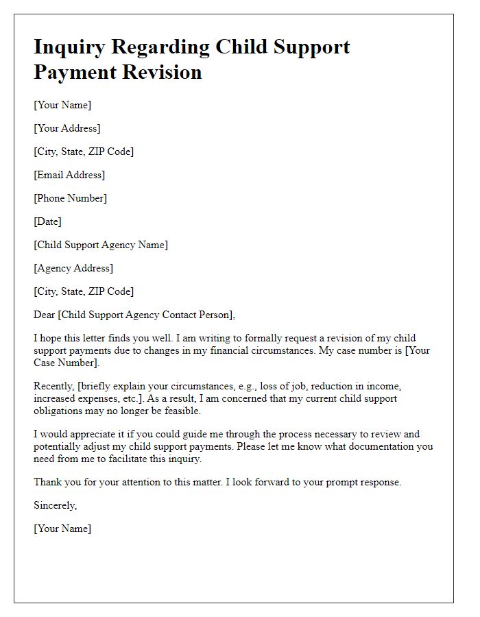 Letter template of inquiry regarding child support payment revision