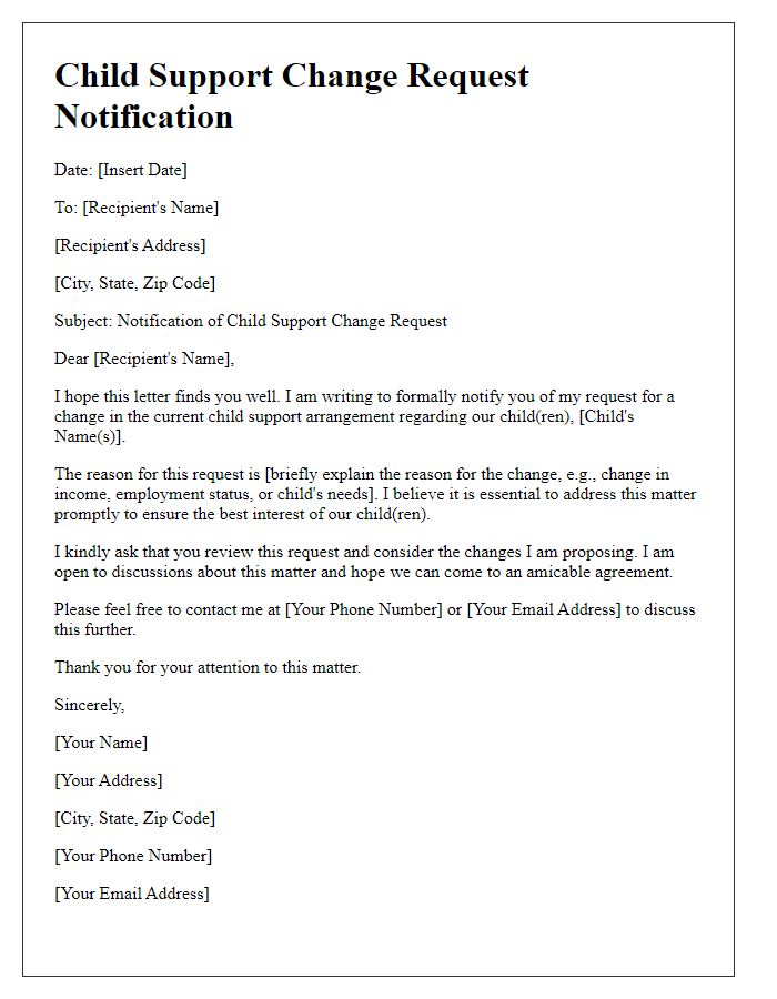 Letter template of notification for child support change request