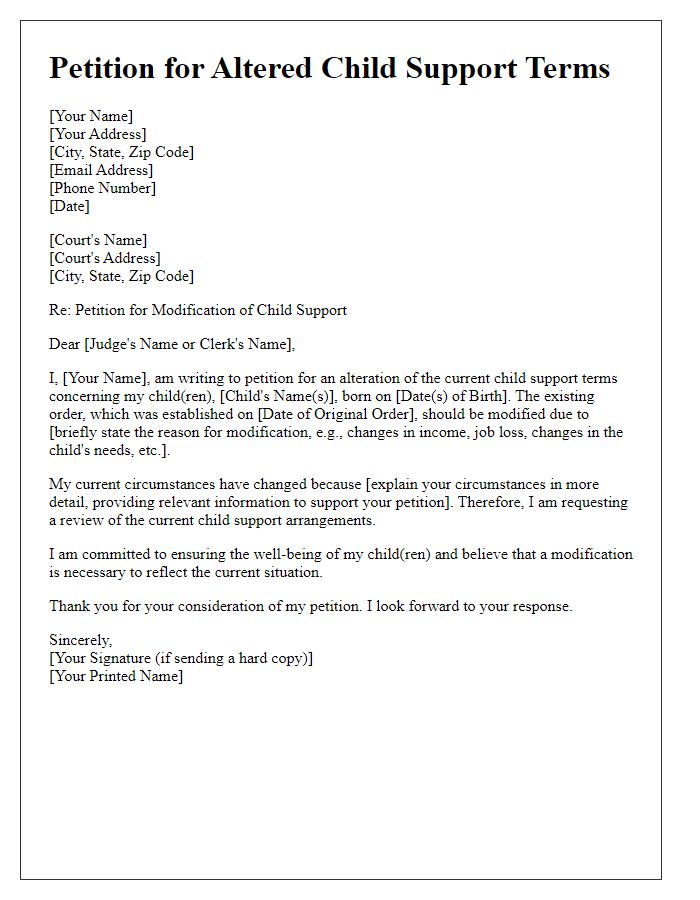 Letter template of petition for altered child support terms