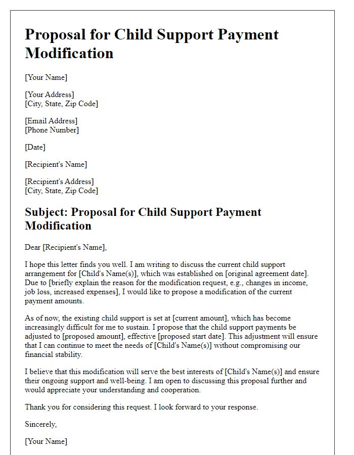 Letter template of proposal for child support payment modification