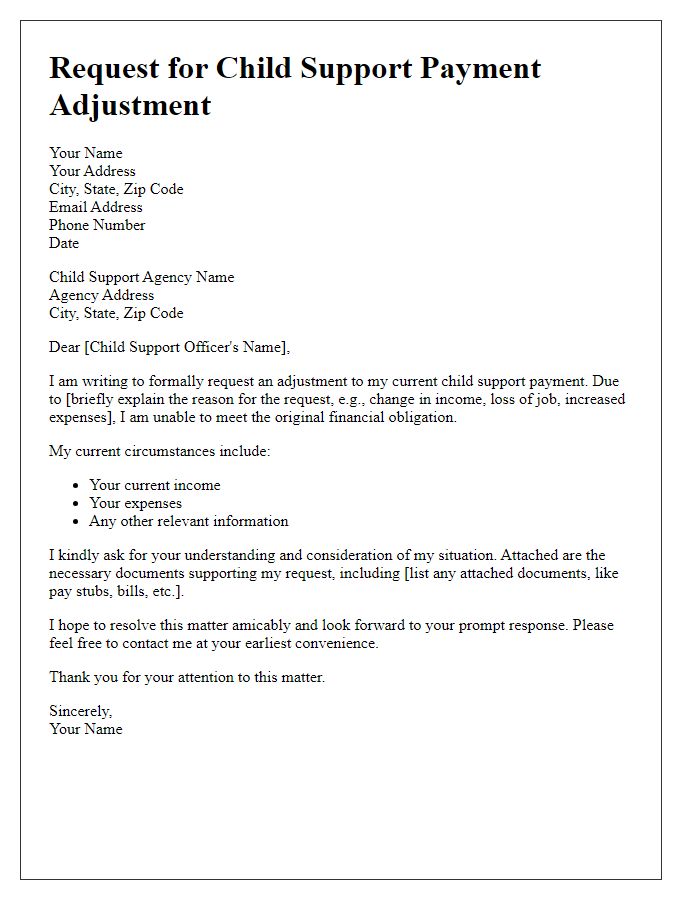 Letter template of request for child support payment adjustment