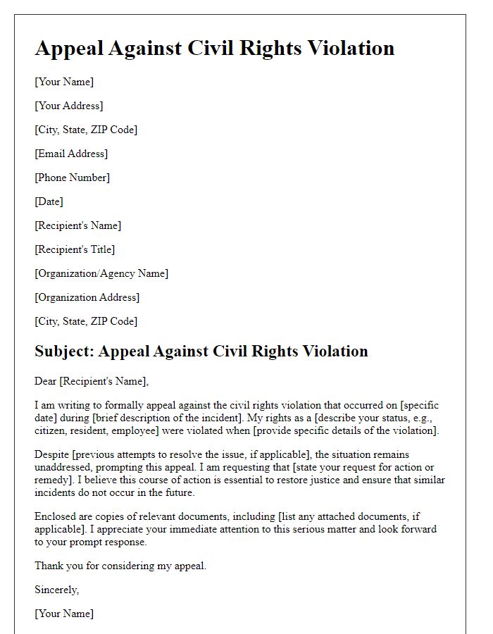 Letter template of appeal against civil rights violation