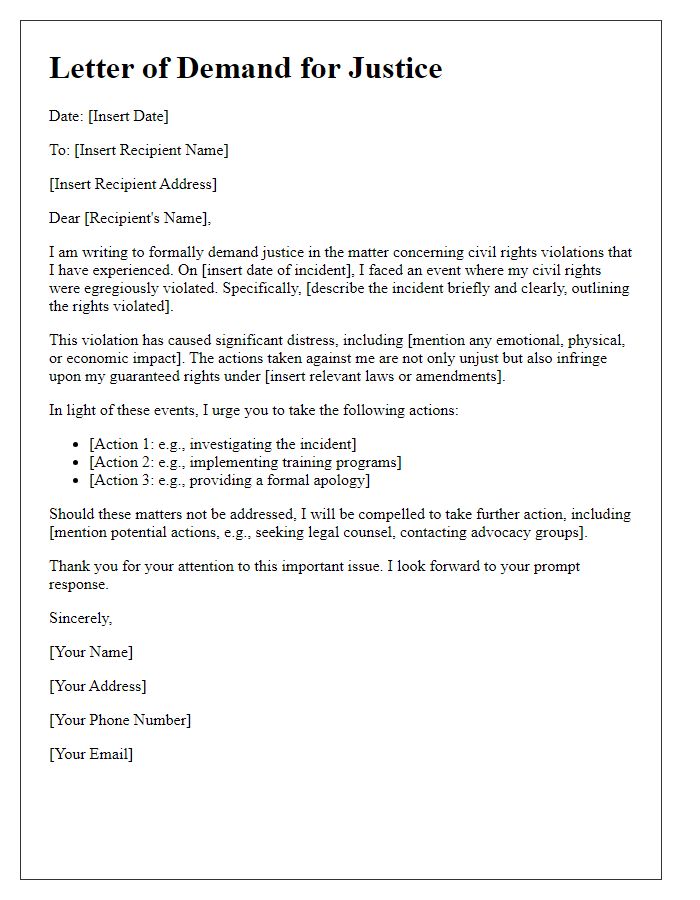 Letter template of demand for justice in civil rights matter