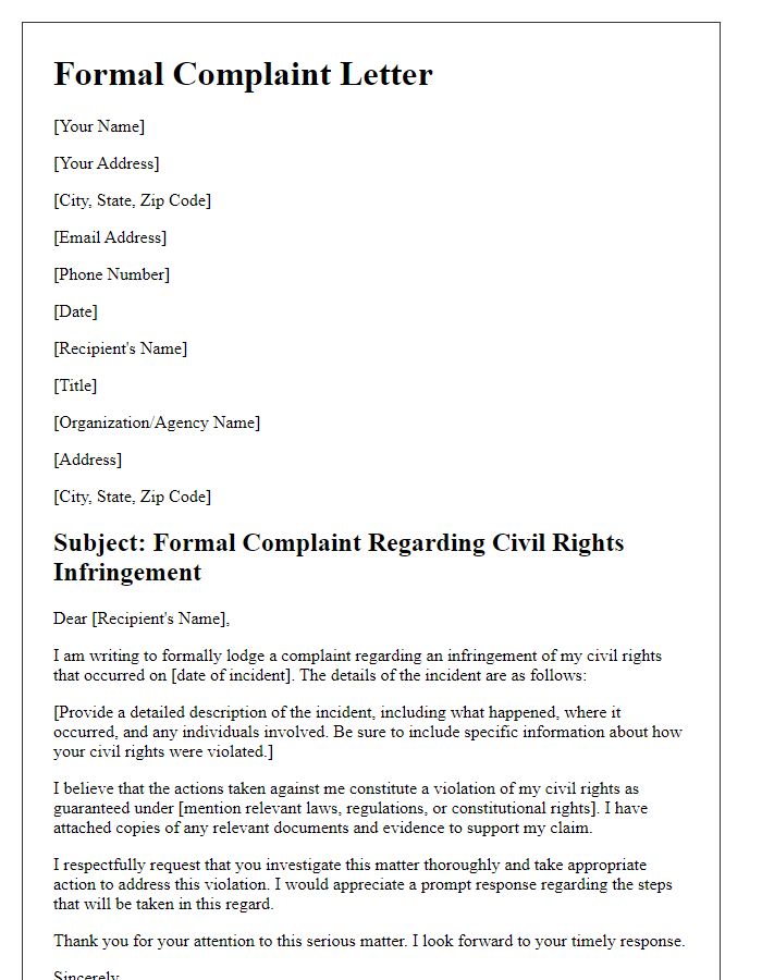 Letter template of formal complaint for civil rights infringement