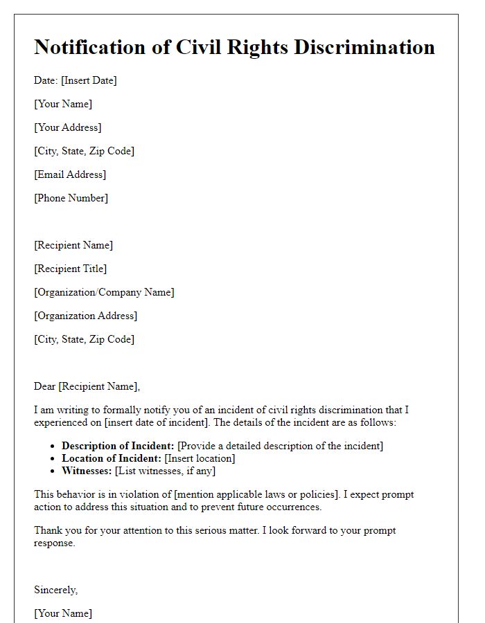 Letter template of notification for civil rights discrimination