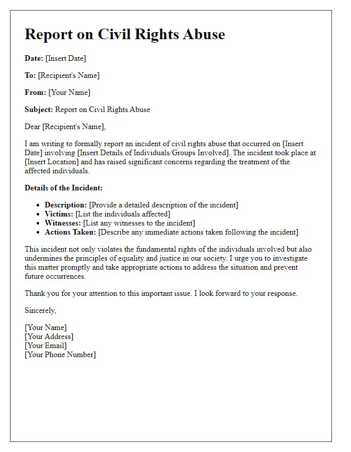 Letter template of report on civil rights abuse