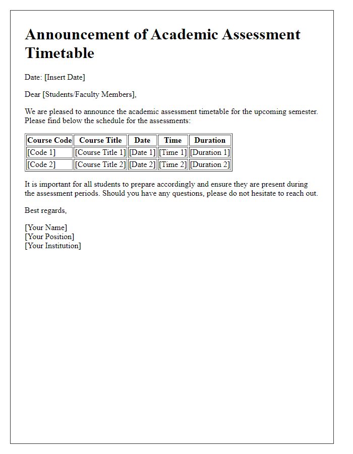 Letter template of academic assessment timetable announcement