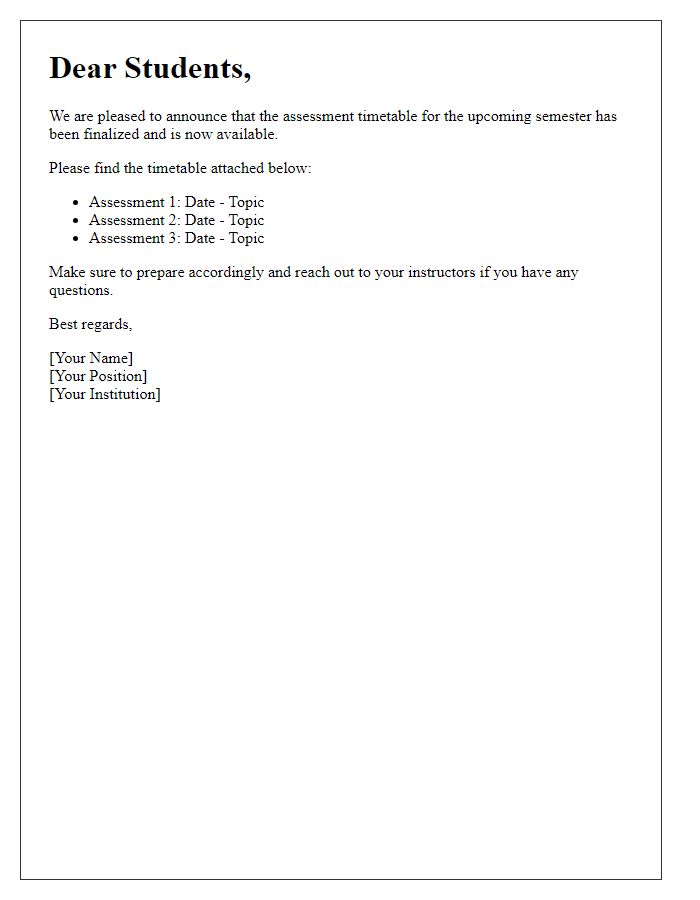 Letter template of assessments timetable release