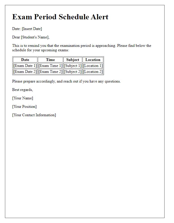 Letter template of exam period schedule alert