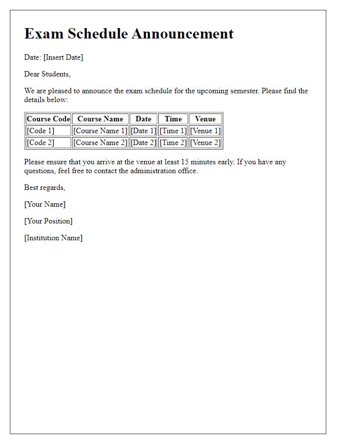 Letter template of exam schedule announcement