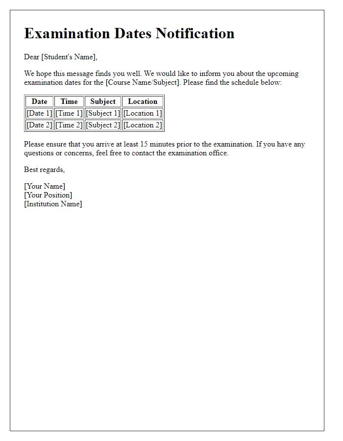 Letter template of examination dates notification