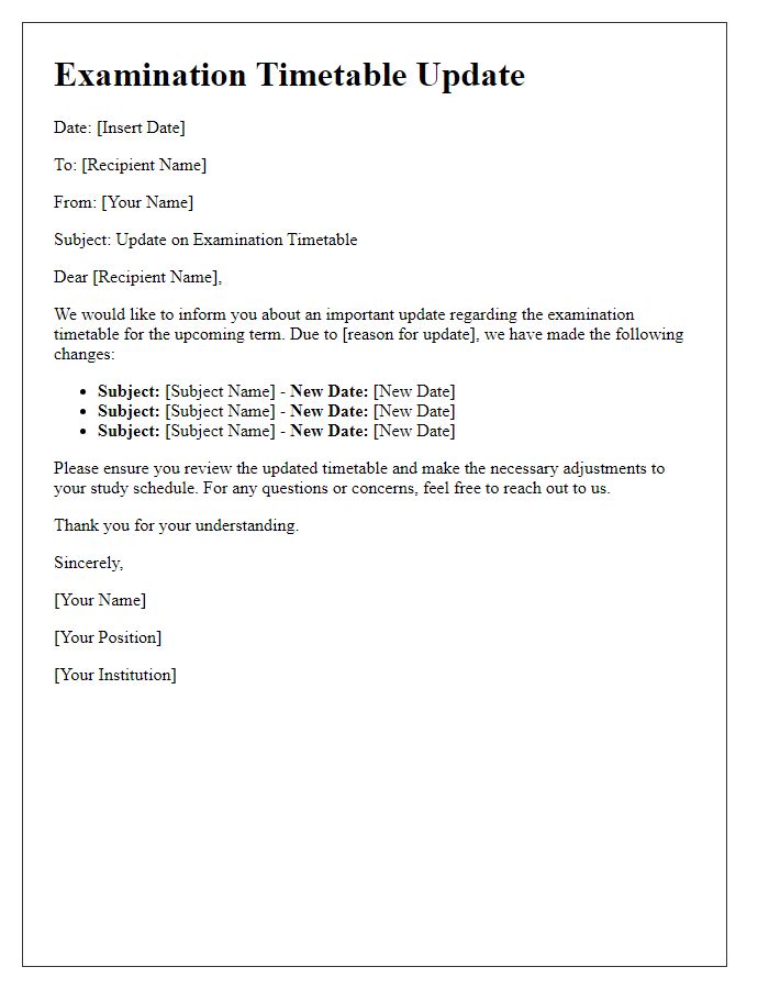 Letter template of examination timetable update