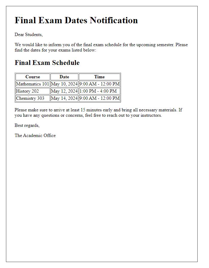 Letter template of final exam dates communication