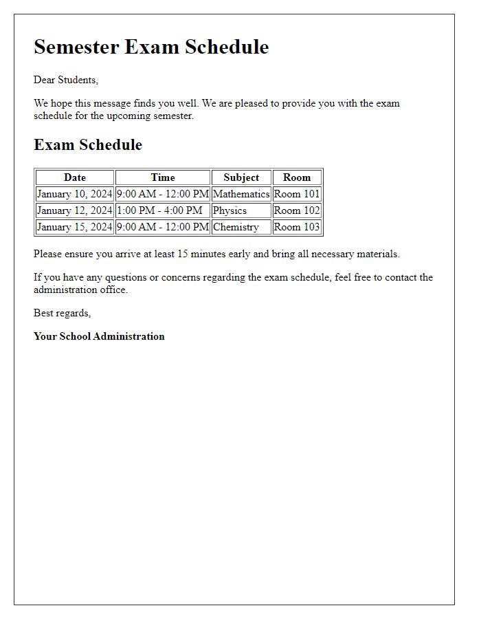 Letter template of semester exam schedule information