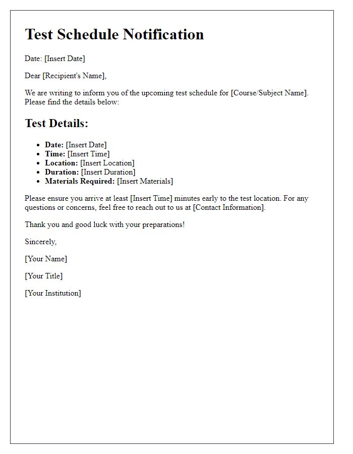 Letter template of test schedule notification