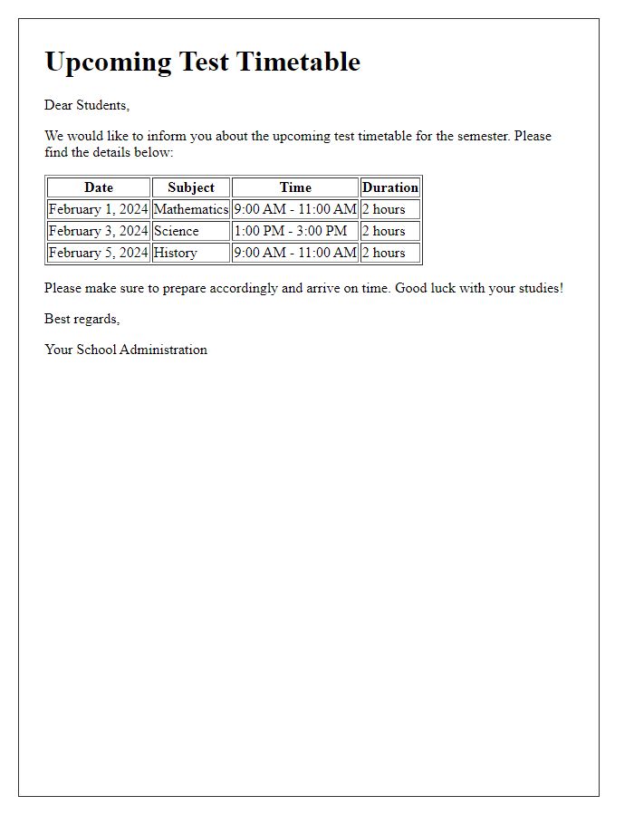 Letter template of upcoming test timetable details