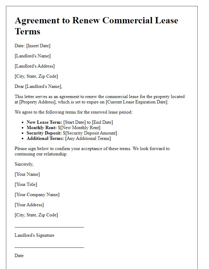 Letter template of Agreement to Renew Commercial Lease Terms