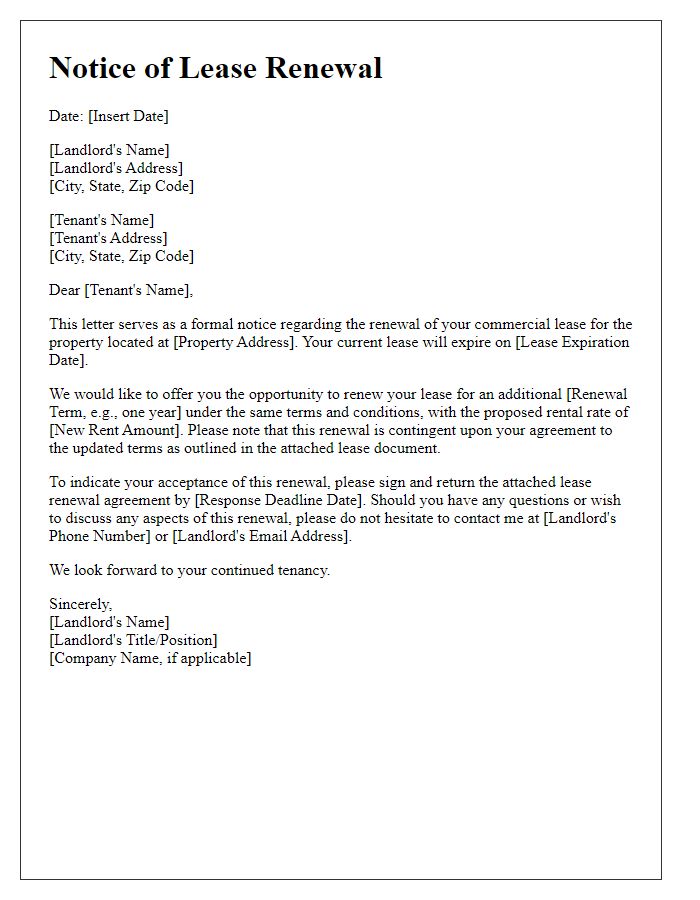 Letter template of Notice for Commercial Lease Renewal