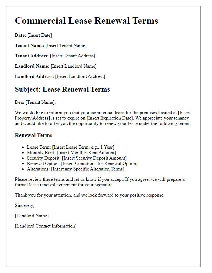 Letter template of Renewal Terms for Commercial Lease