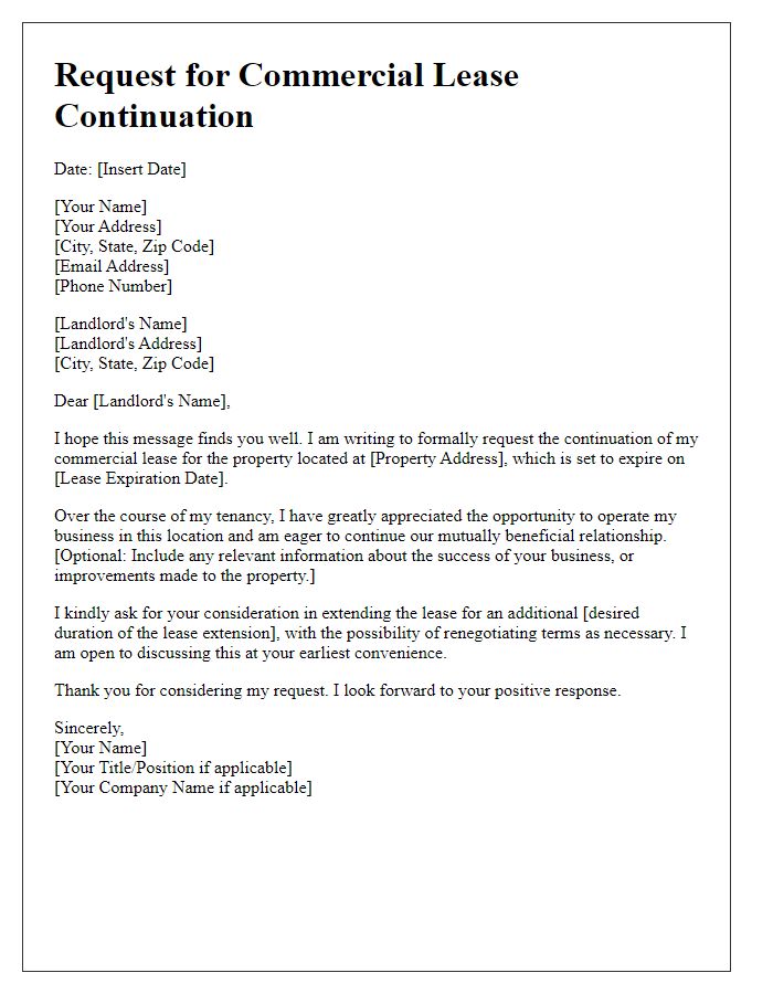 Letter template of Request for Commercial Lease Continuation