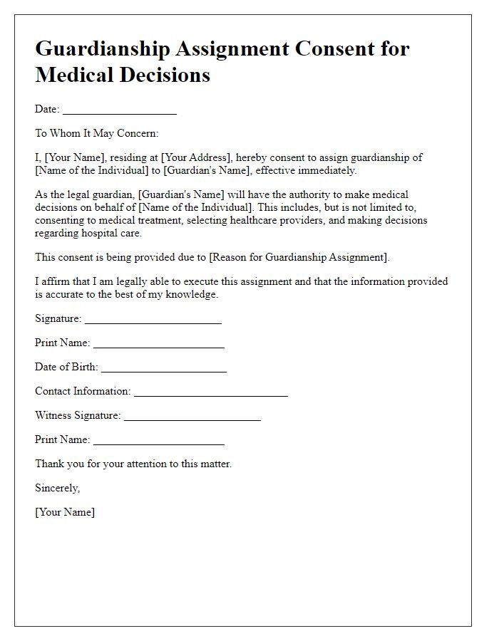 Letter template of guardianship assignment consent for medical decisions.