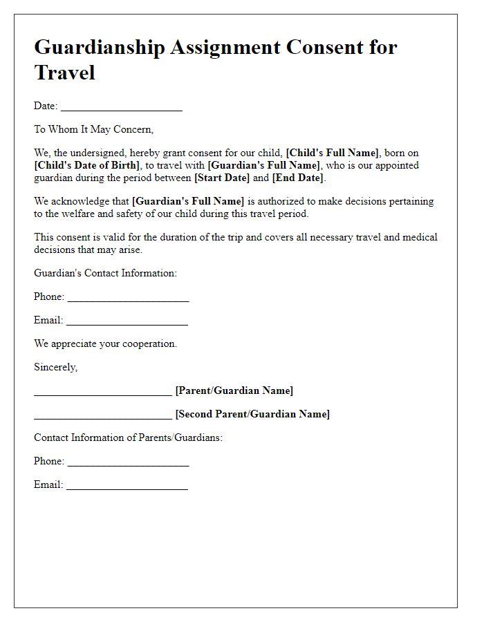 Letter template of guardianship assignment consent for travel purposes.