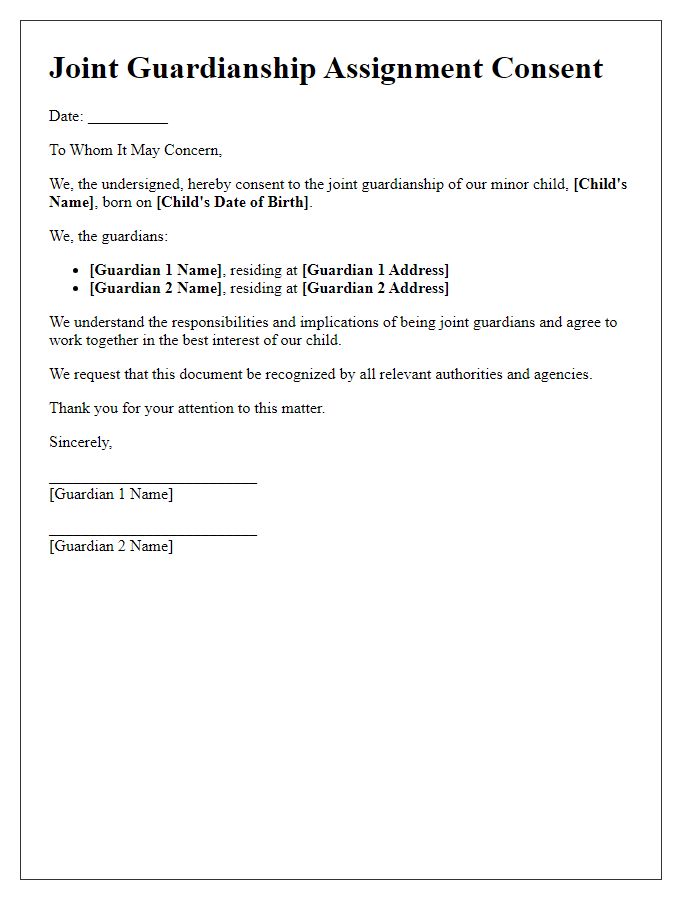 Letter template of joint guardianship assignment consent.